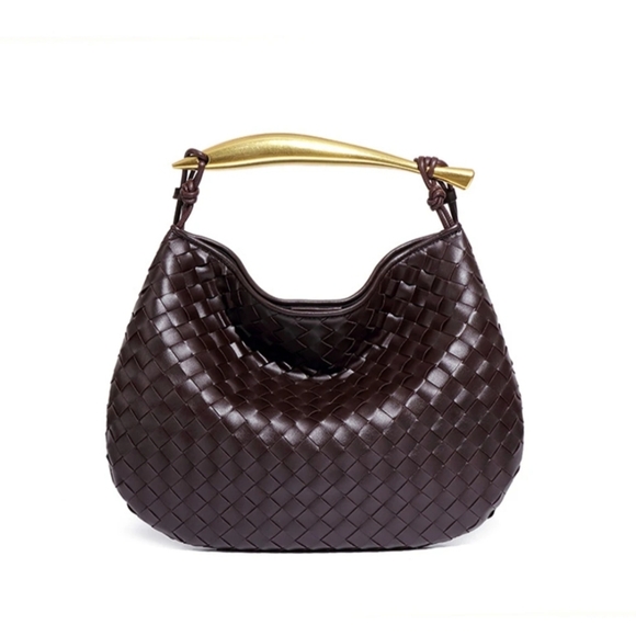 Elegant Brown Woven Hobo Bag with Gold Handle - Picture 1 of 1